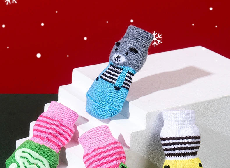 4pcs Winter Pet Dog Socks Small Cat Knit Warm Socks Dog Anti-Slip Socks Chihuahua Thick Paw Protector Booties Pet Accessories