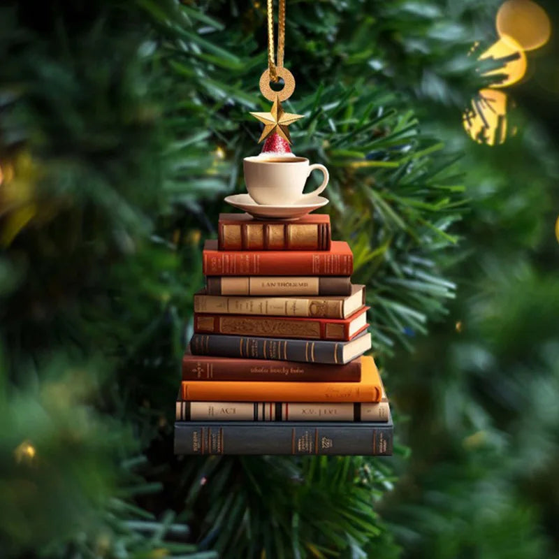 Creative 3D Bookshelf Christmas Pendant Acrylic Flat Printing Book Dogs Drop Xmas Tree Window Hanging Decor New Year Gifts