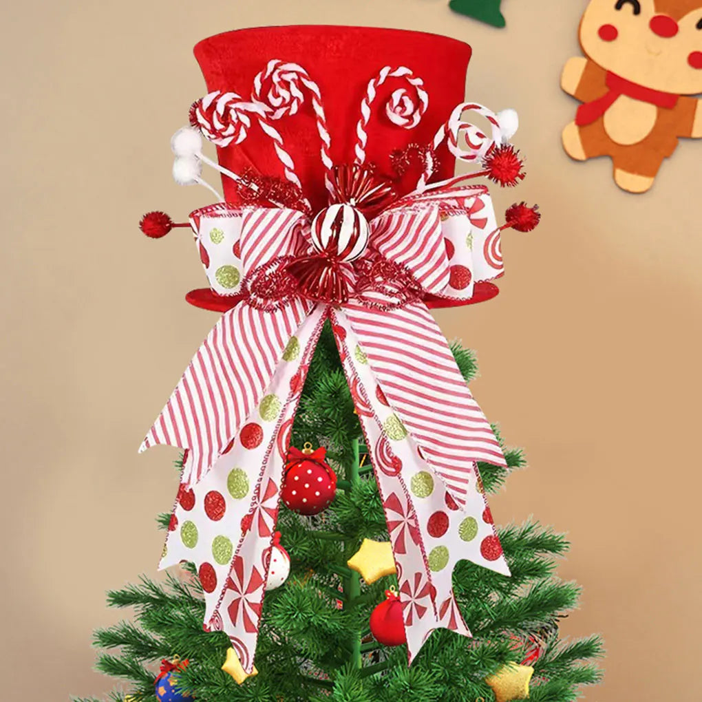 New Christmas Top Hat Tree Top Festive Christmas Tree Topper Hat Foldable Design With Bow Candy Cane Xmas Decoration