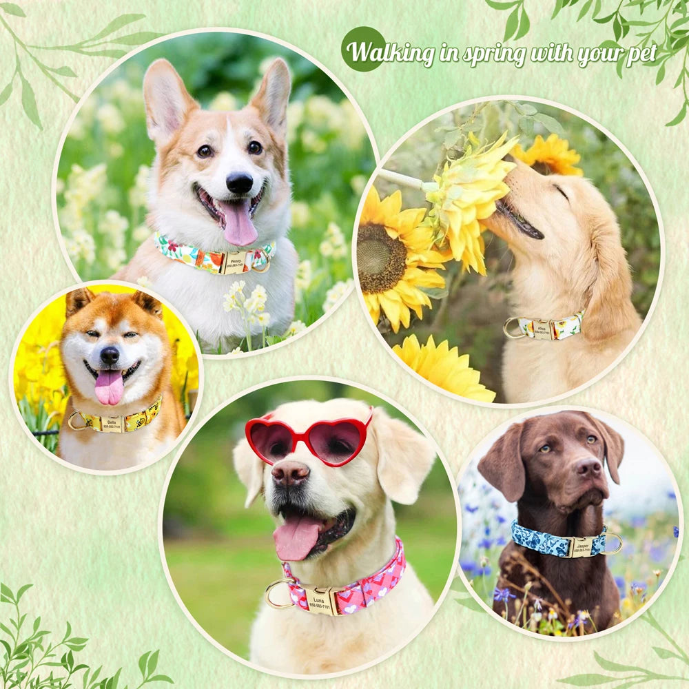 Personalized Nylon Dog Collar Flower Bee Printed Puppy Collars Free Custom Pet ID Necklace Collars For Small Large Dog Chihuahua