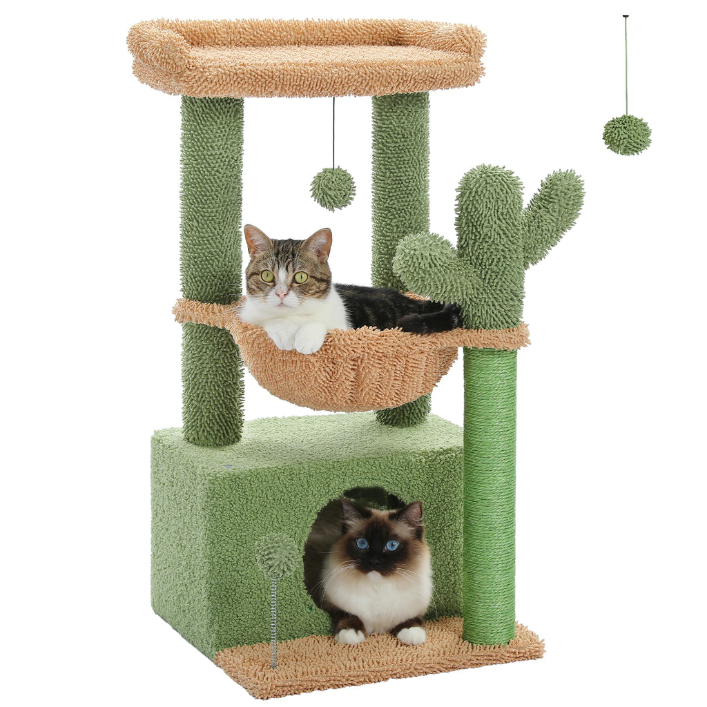 Cactus Cat Tree Cat Tower for Indoor Cats with Large Cat Condo Cat Scratching Post for Cats with Deep Hammock Cozy Top Perch