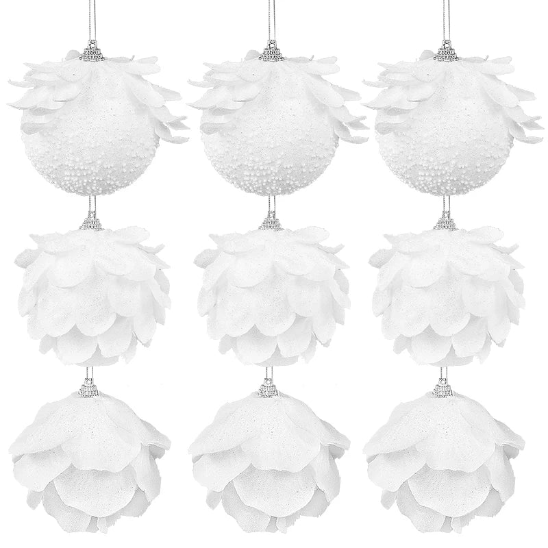 3pcs/Box Christmas Tree Ornaments White Glitter Petal Shape Balls Foam Snow Ball Christmas Pendants New Year Home Hanging Decor