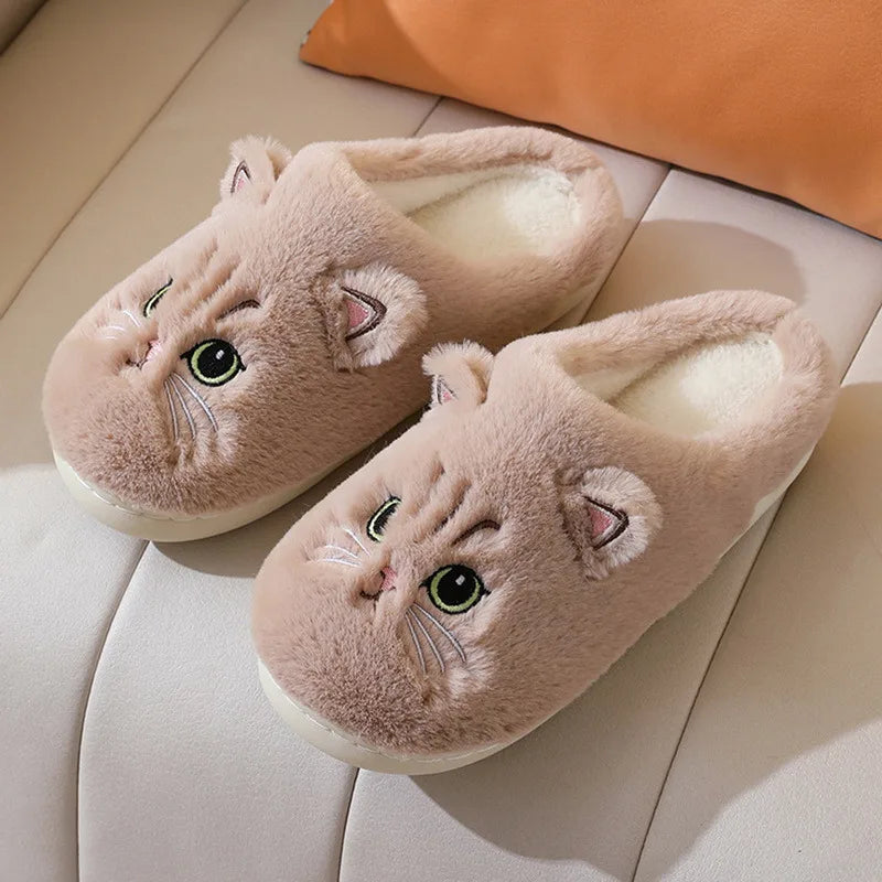 New Winter Women Lovely Cat Plush Slippers Warm Shoes Slides Cute Cartoon Cat Fuzzy Slippers Men Soft Footwear Home Cotton Shoes