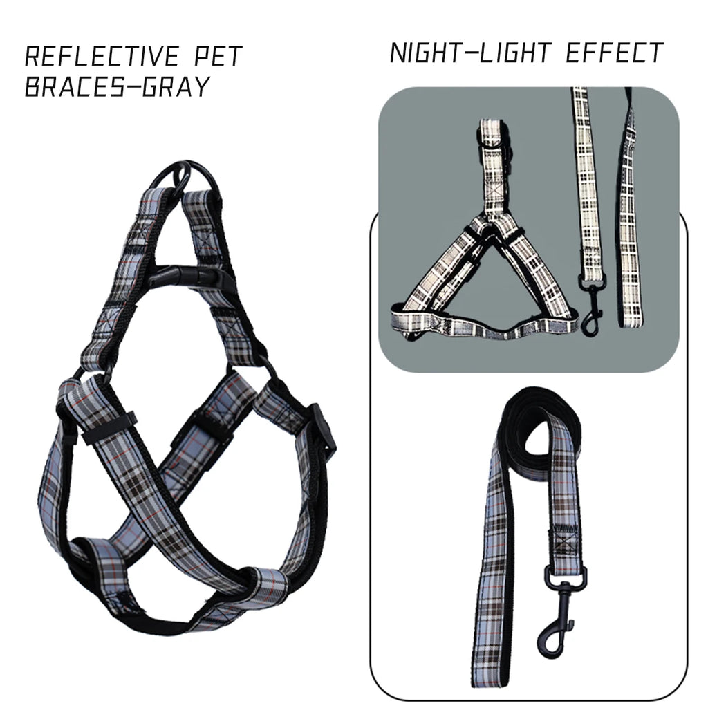 A set of plaid reflective chest and harness set for small and medium-sized dogs to go out for a walk and a lead rope for cats an