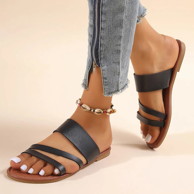 Rimocy 2023 Summer Flat Heel Sandals for Women Casual Plus Size Beach Slippers Woman Pu Leather Strap Slip-On Gladiator Sandals