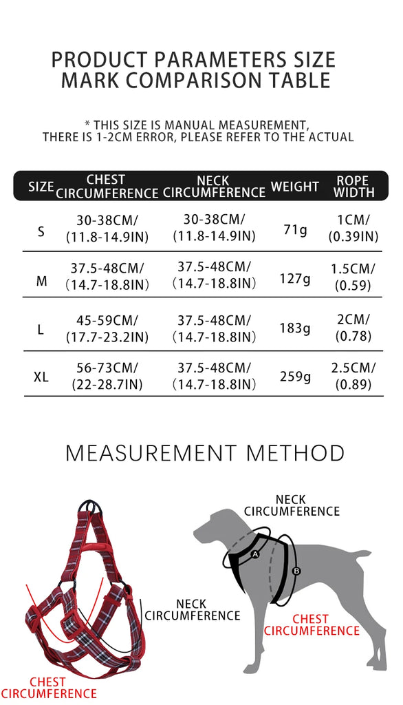 A set of plaid reflective chest and harness set for small and medium-sized dogs to go out for a walk and a lead rope for cats an