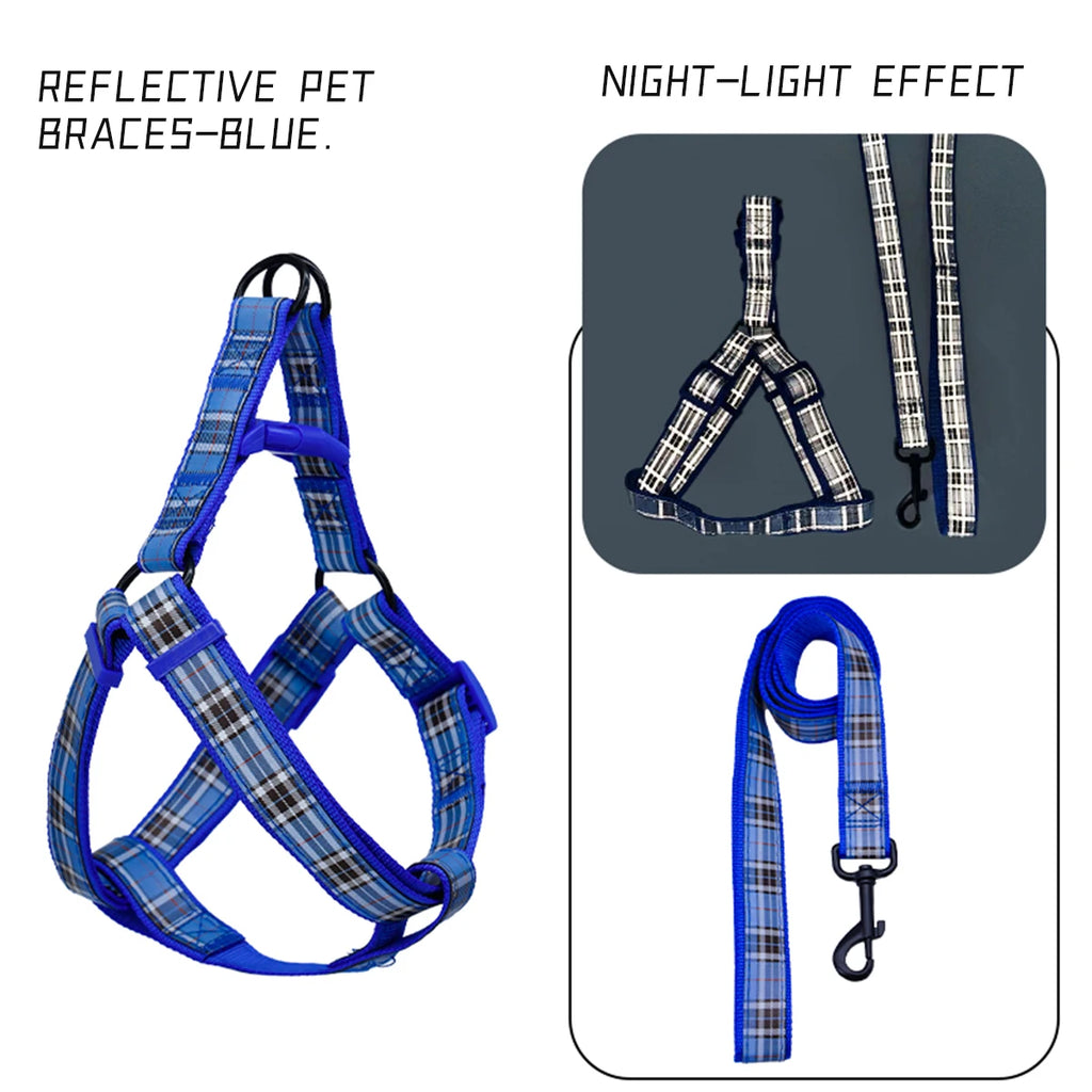 A set of plaid reflective chest and harness set for small and medium-sized dogs to go out for a walk and a lead rope for cats an