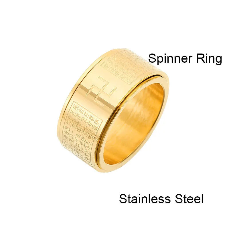 Cool Stainless Steel Rotatable Buddhism Men Anxiety fidget Ring Spinner Buddhism Heart Sutra Classic Believer Finger Jewelry