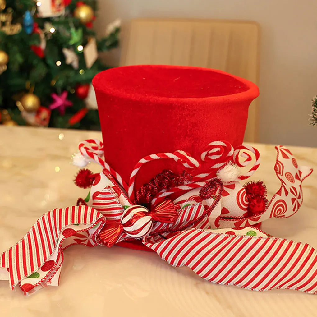 New Christmas Top Hat Tree Top Festive Christmas Tree Topper Hat Foldable Design With Bow Candy Cane Xmas Decoration