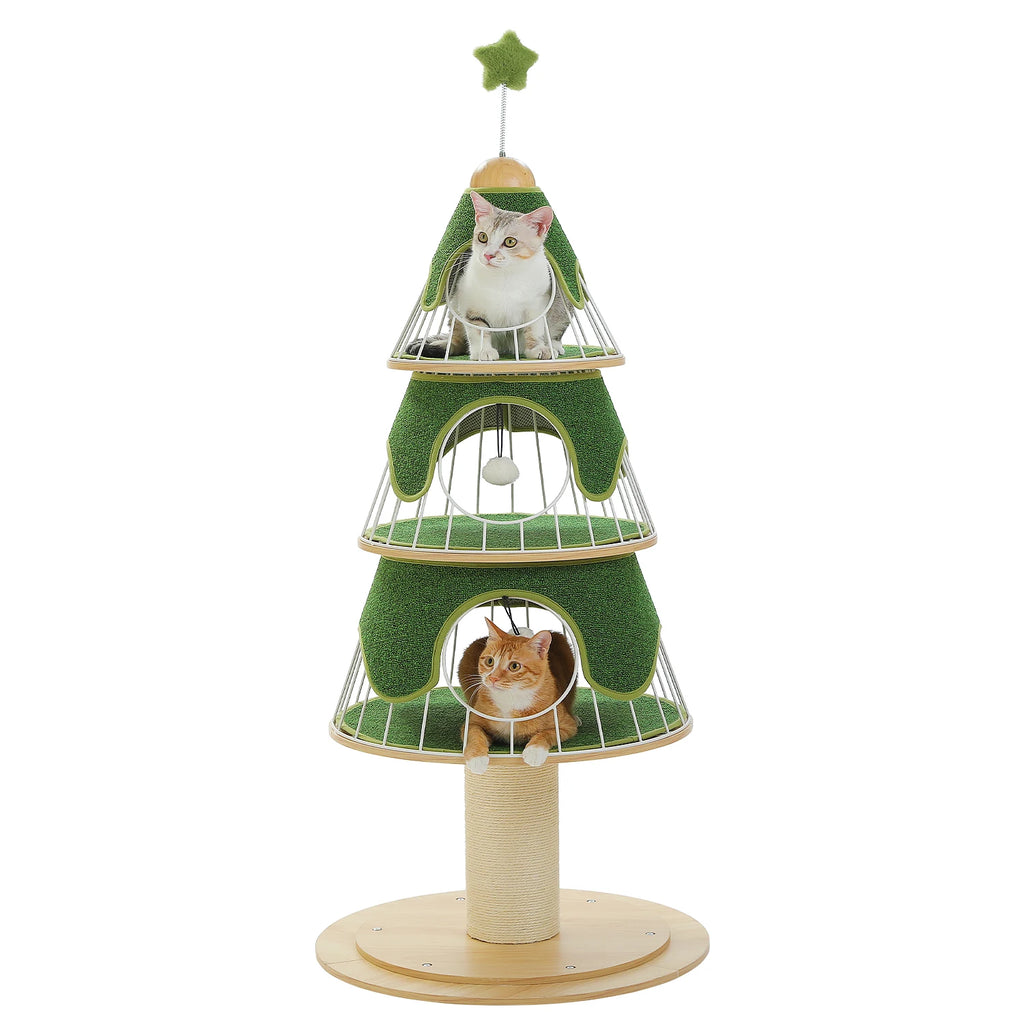 Cat Christmas Tree Modern Cat Tree with Thick Scratch Post Wood Cat Tower 3 Condos-Heavy Duty Cat Furniture Replaceable Mat