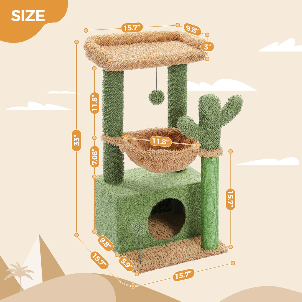 Cactus Cat Tree Cat Tower for Indoor Cats with Large Cat Condo Cat Scratching Post for Cats with Deep Hammock Cozy Top Perch